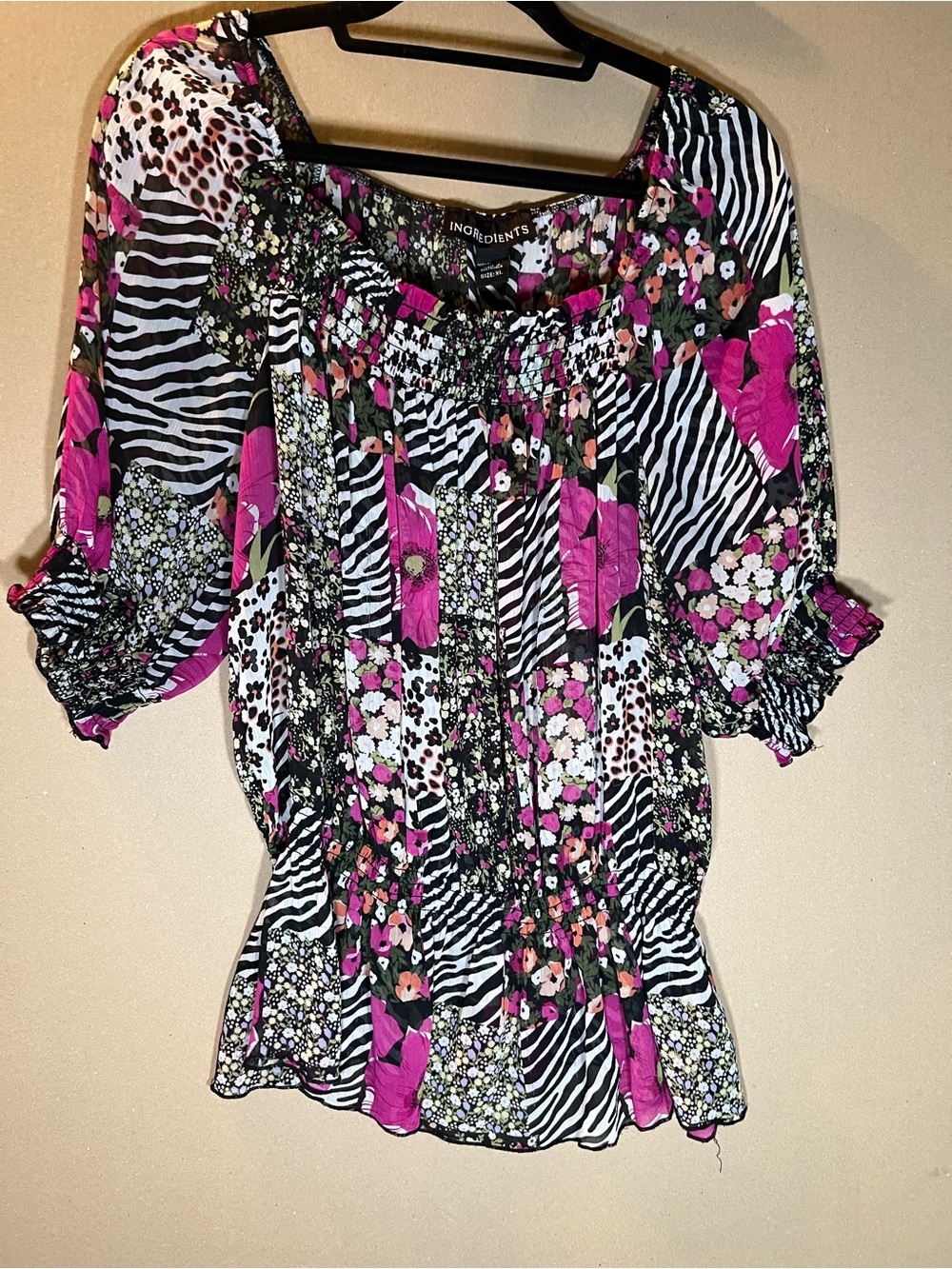 Off-Shoulder Floral Zebra Patchwork Blouse in Pink - Picture 2 of 3